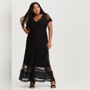 Torrid black lace overlay dress maxi button up short sleeve v neck
